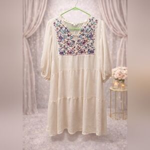 Umgee Cream Midi Dress with Multicolor Floral Embroidered Yoke